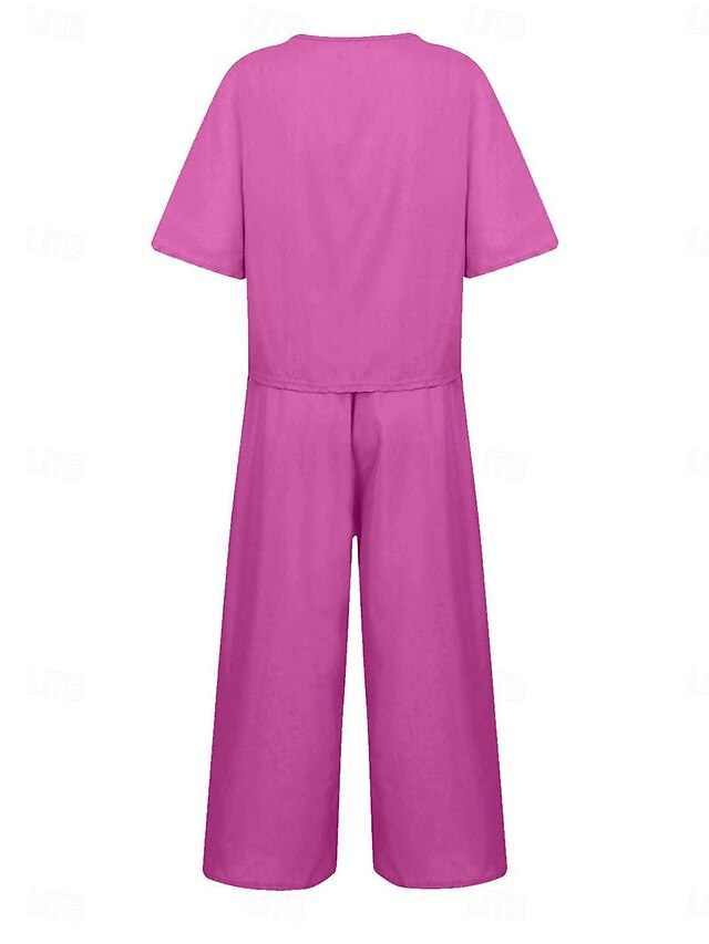 Women's Pants Sets Faux Cotton Linen Short Sleeve Plain