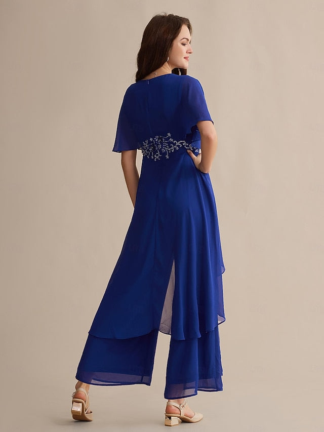 Guest Embroidered Cuff Flare Chiffon Sequin Blue Wedding Royal