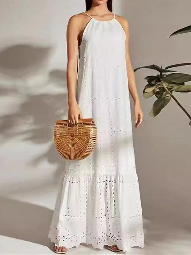 Women's Black White Summer Spring Maxi Dress Cotton Blend