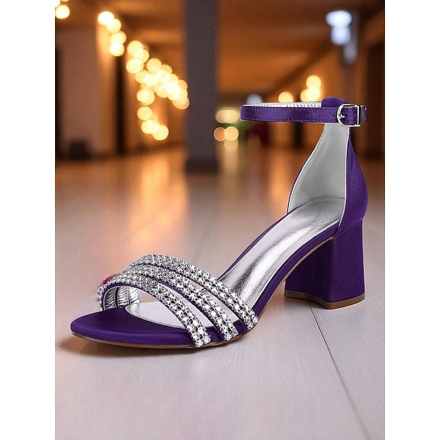 Heel Rhinestone Purple Women's Sandals with Block Satin