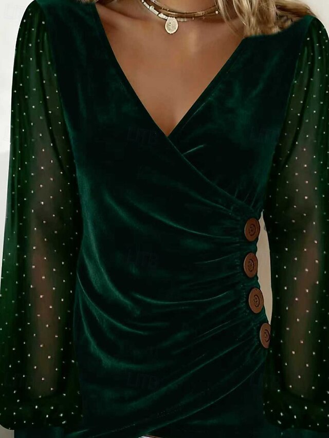 Women's Velvet Blouse Ruched Patchwork Buttons Solid Color