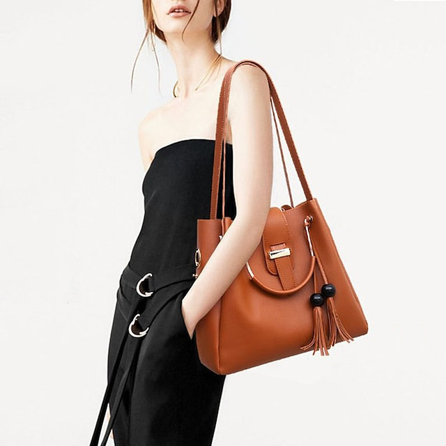 3-Piece Faux Pink Set - Handbag Women's Tote Leather