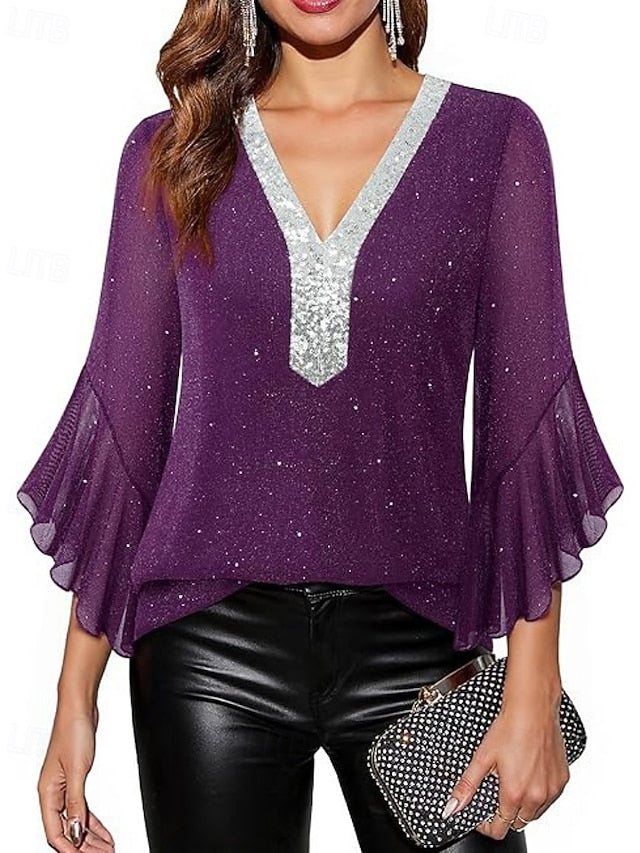 Women's Blouse Sequin Tops Patchwork Color Block Stylish