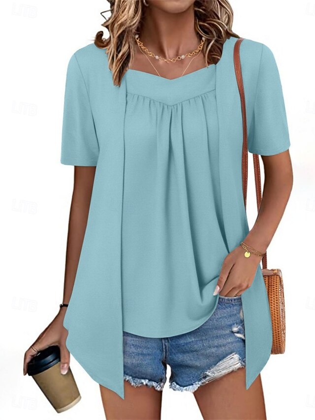 Women's T Shirt Tee Top Ruched Fake two piece Plain Fashion