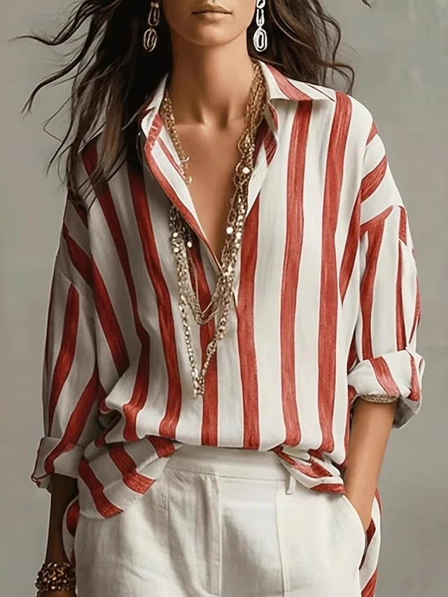 Women's Blouse Faux Linen Shirt Buttons Print Striped