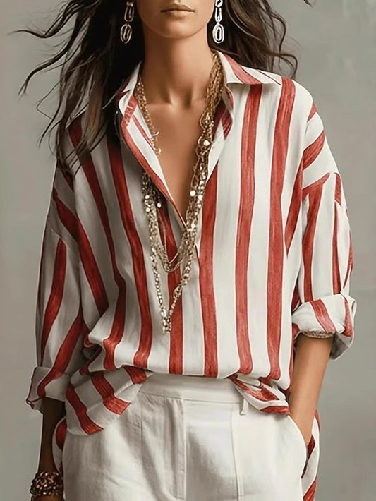Women's Blouse Faux Linen Shirt Buttons Print Striped
