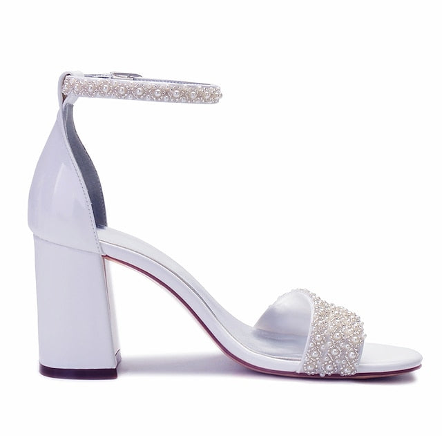 White Embellished Pearl Ankle Strap Block Ivory Women's