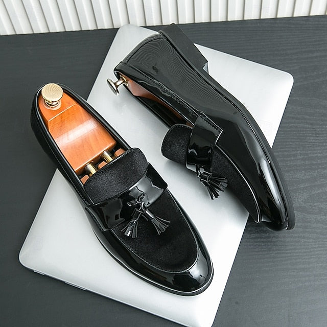 Faux Black Patent Loafers Leather Men's Velvet Tassel –