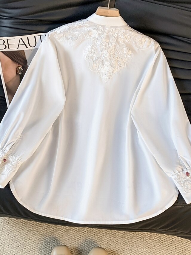 Women's Shirt Blouse Long Sleeve Tops Embroidered Plain