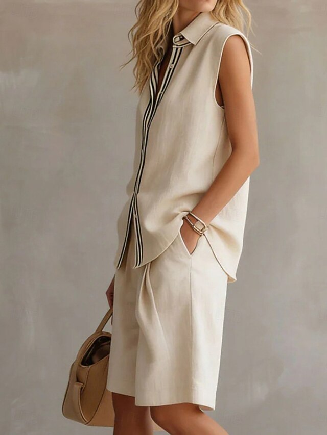 Women's Two Piece Sets Shorts Sets Sleeveless Shirt Collar