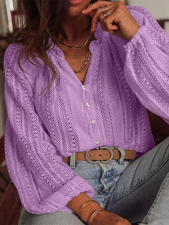 Women's Shirt Dressy Tops Hollow Out Buttons Plain Elegant