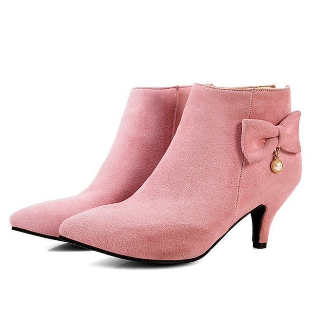 and Ankle with Boots Charm Suede Pink Women's Bow Pearl