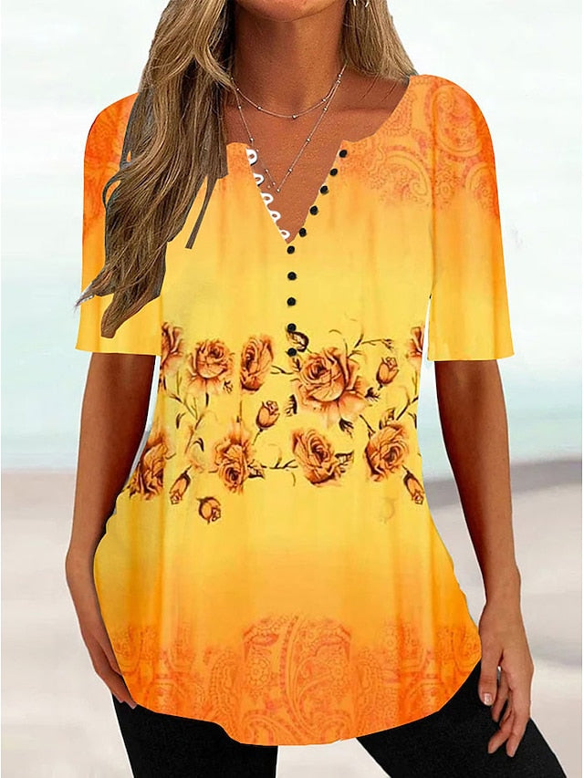 Women's T Shirt Henley Shirt Buttons Print Floral Tunic