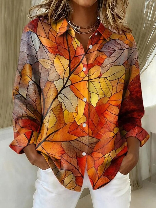 Women's Shirt Blouse Patchwork Buttons Print Graphic Leaf