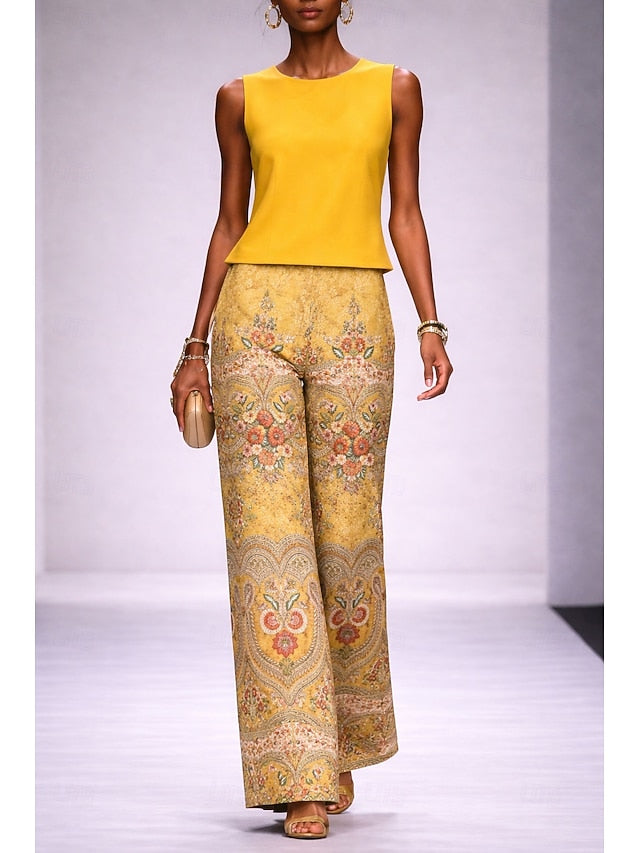 Women's Pants Sets Sleeveless Crew Neck Floral Graphic