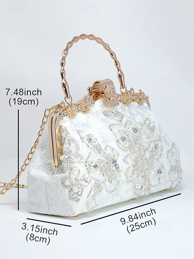 and Lace Floral Handbag Pearl with Evening White Elegant