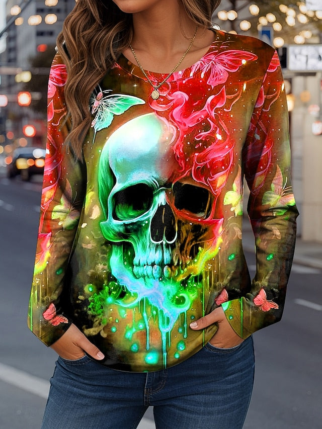 Women's T Shirt Skulls Graphic Fashion Casual Long Sleeve