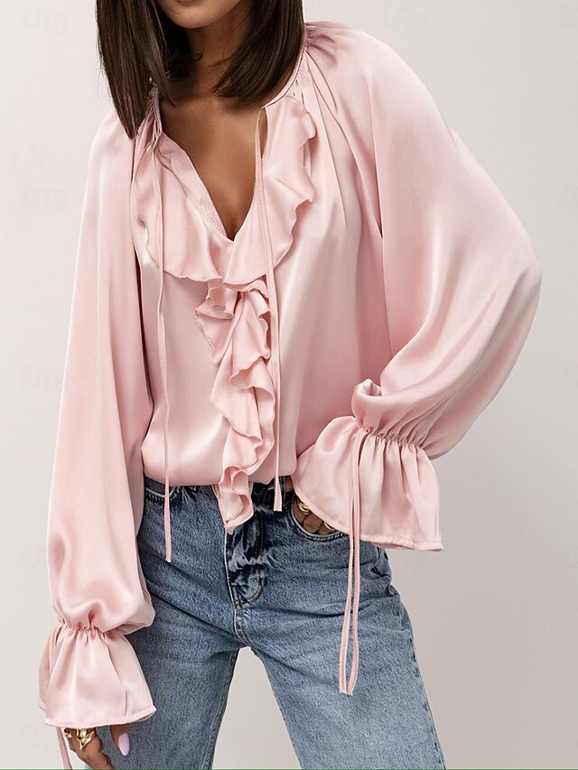 Women's Shirt Blouse Ruffle Patchwork Plain Elegant