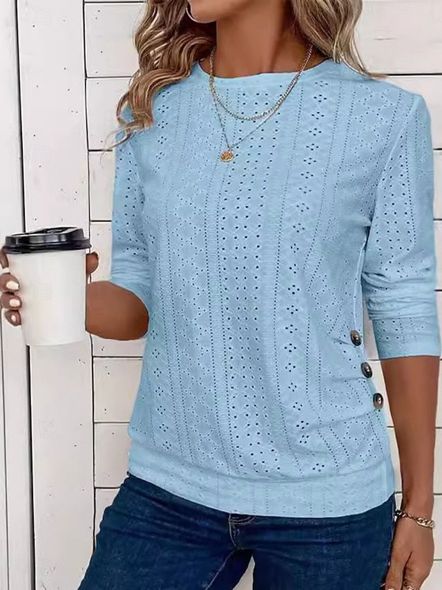 Women's T Shirt Eyelet Plain Fashion Modern Long Sleeve