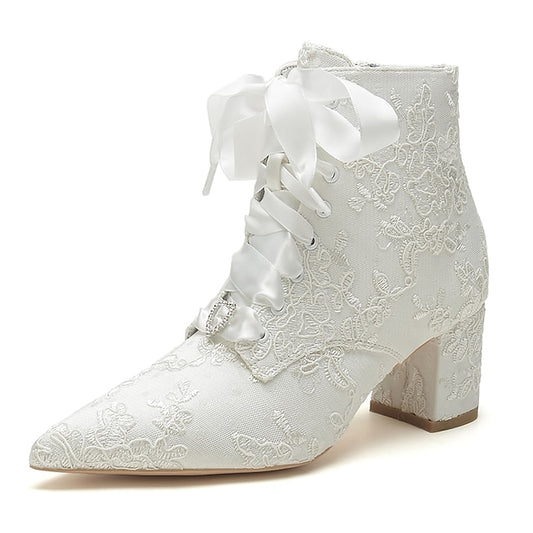 Bridal – Lace-Up White Floral Embroidered Women's Booties