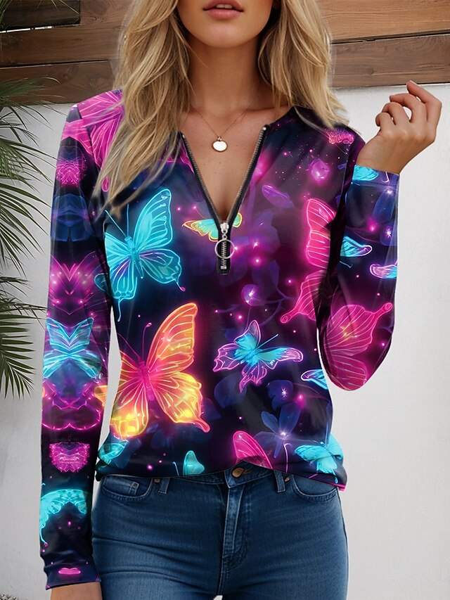 Women's T Shirt Quarter Zip Long Sleeve Casual Graphic