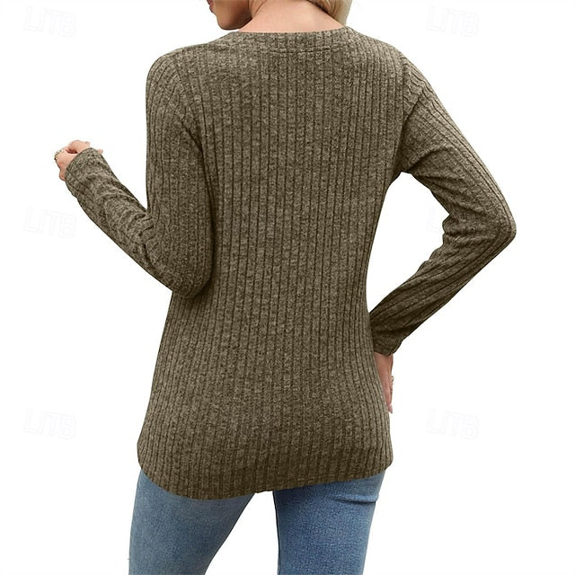 Women's T Shirt Tee Top Buttons Solid Color Stylish Classic