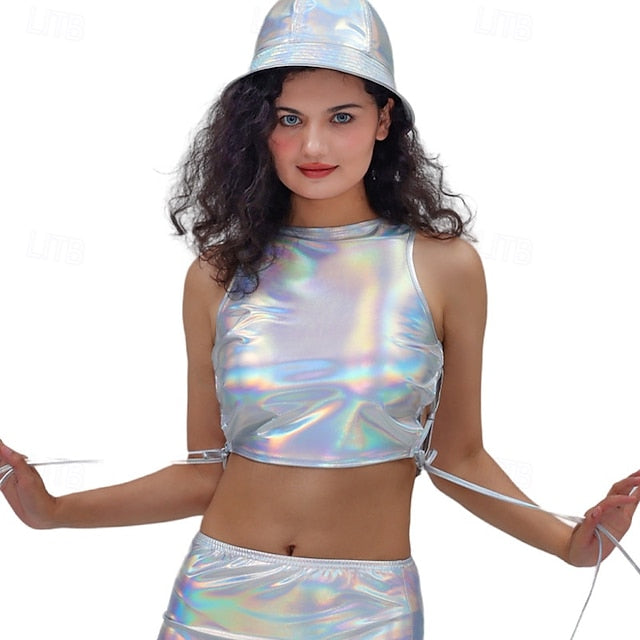 Metallic 1980s Shiny Latex Patent Crop Top Halter PU Leather