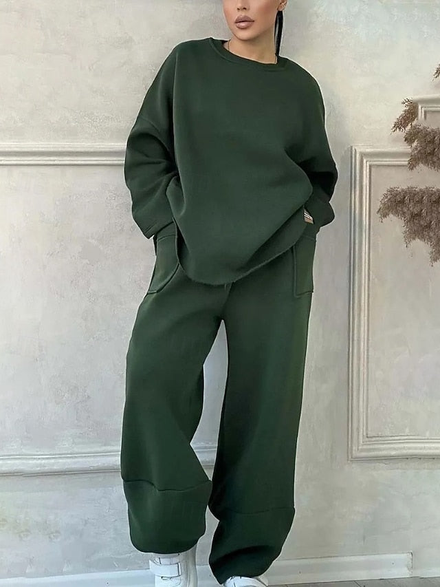 Women's Blouse Pants Sets Long Sleeve Crew Neck Solid Color