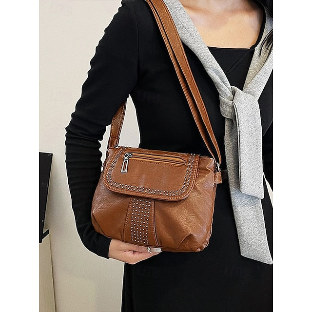 with Brown Studded Bag Leather Crossbody Faux Women's