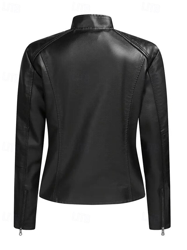 Faux Pocket Leather Comfortable Women's Zipper Jacket