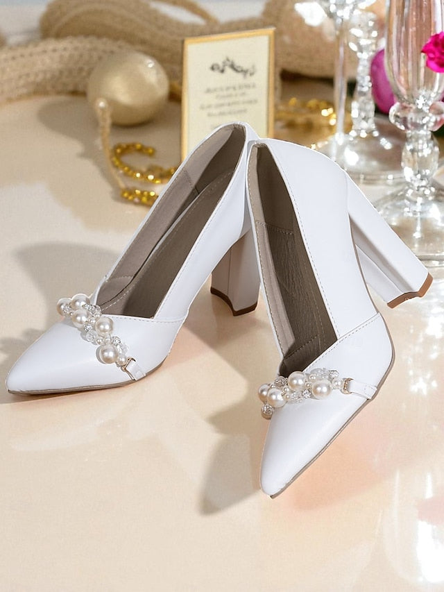 Women's Block Heel White Pearl Pumps Decor