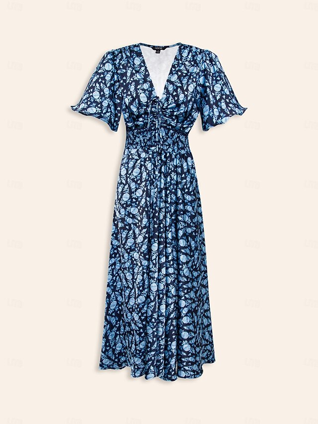 Satin Floral Print Smocked Waist Midi Dress