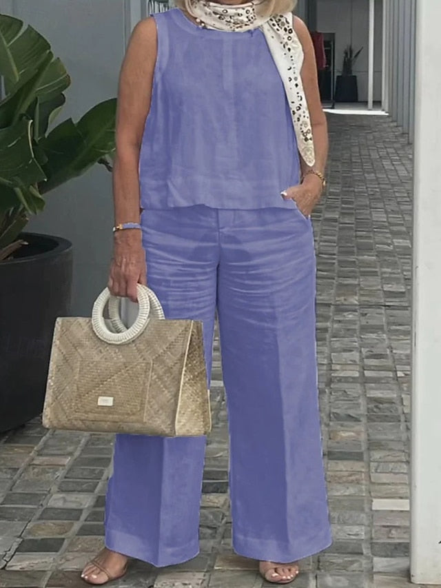 Women's Cotton Linen Sets Pants Sets Bolero Top Sleeveless