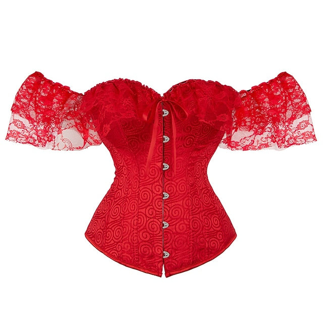 Women Floral Lace Off Shoulder Overbust Corset Bustier Boned