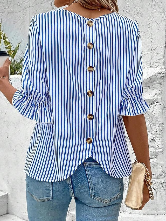 Women's Blouse Dressy Tops Ruffle Buttons Striped Elegant