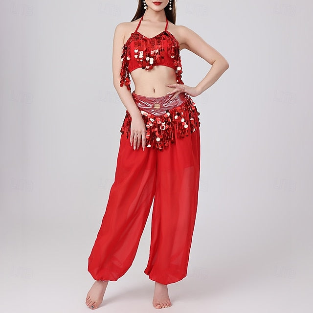 Belly Dance Top Pure Color Splicing Sequins Women's
