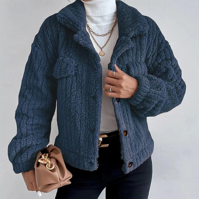 Plain Buttons Women's Warm Teddy Comfortable Coat Casual