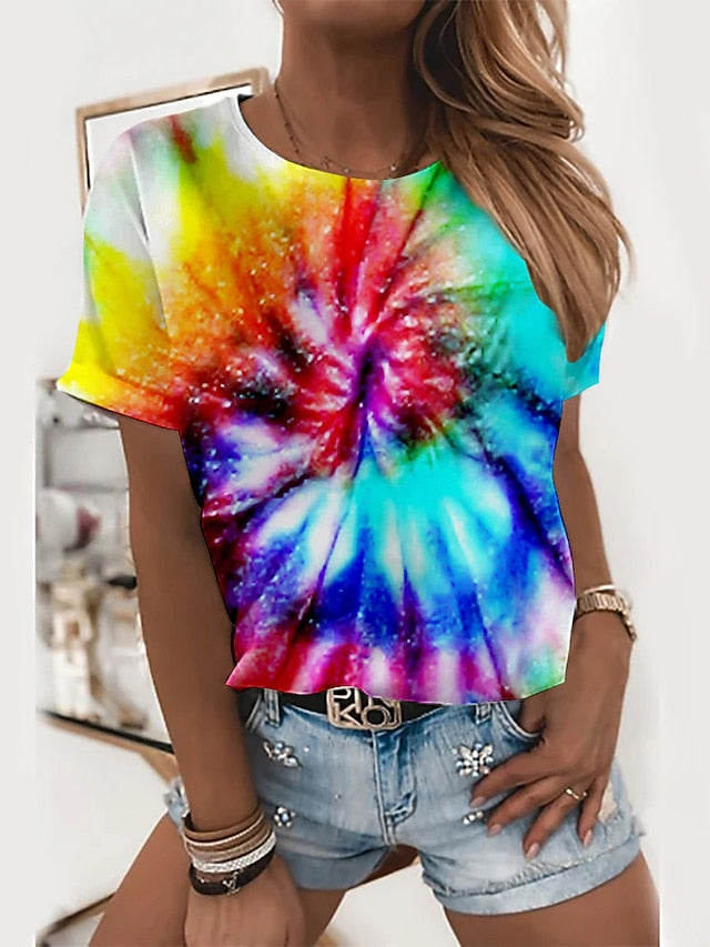 Women's T Shirt Basic Color Block Print Short Sleeve