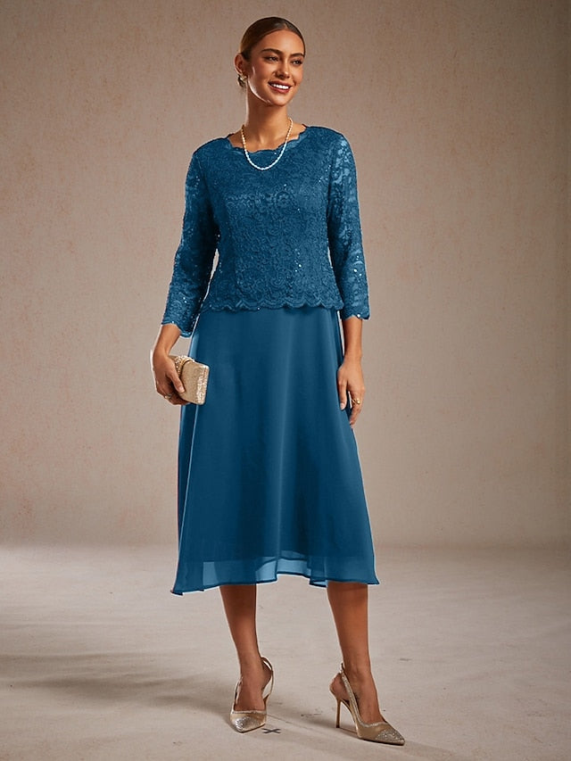 Women's Midi Dress Chiffon Dress Elegant Solid Color 3/4