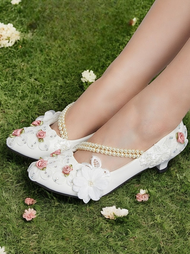 White Embellished Low Heel Strap Bridal Shoes for Pearl Floral