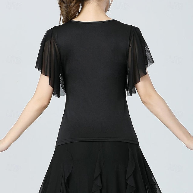 Latin Dance Ballroom Dance Top Pure Color Splicing Tulle