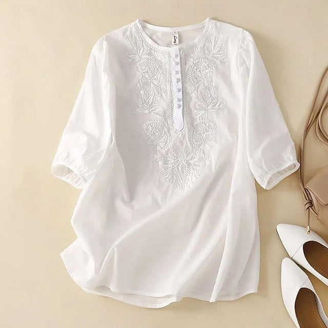 Women's Cotton Linen Shirts Long Cotton Top White Cotton