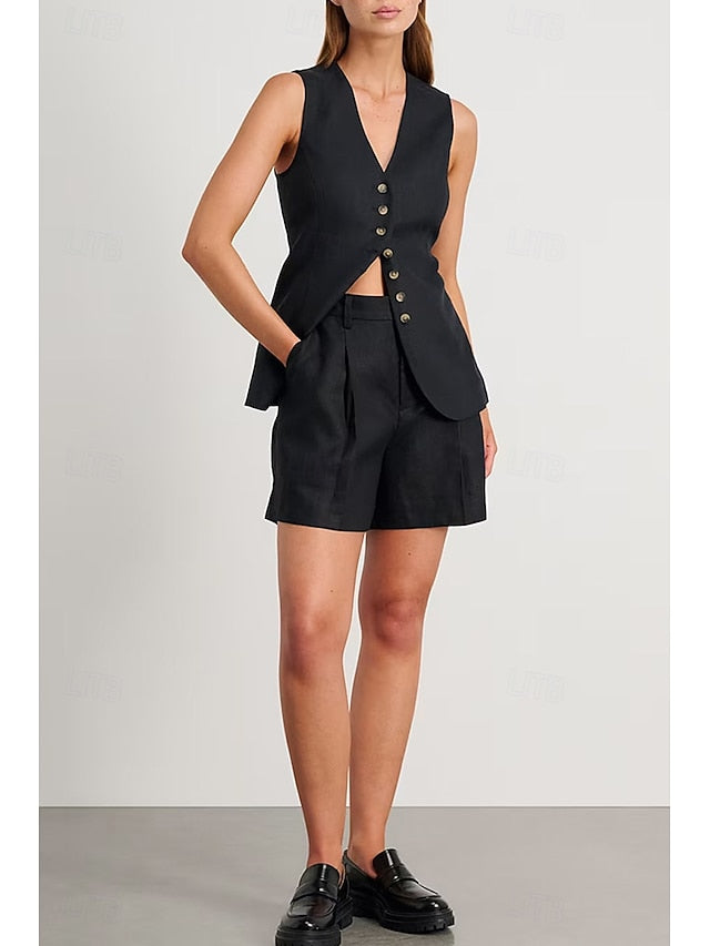 Women's Blouse Shorts Sets Sleeveless V Neck Solid Color
