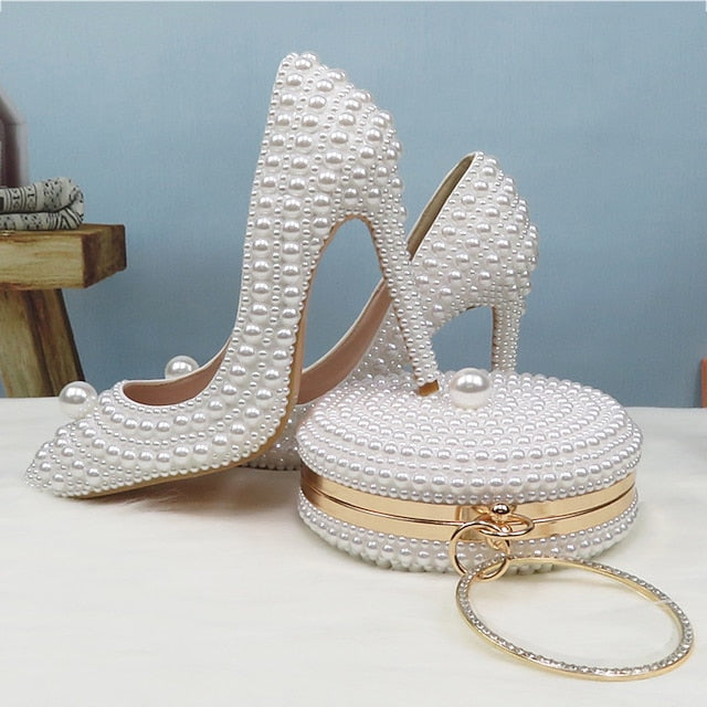 Pearl-Embellished and Round Heels Pearl White Stiletto Set Purse