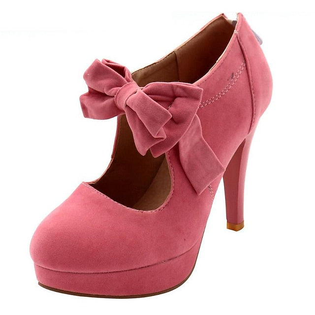 Platform Bow Pumps Heel – Suede High Vintage Red Women's