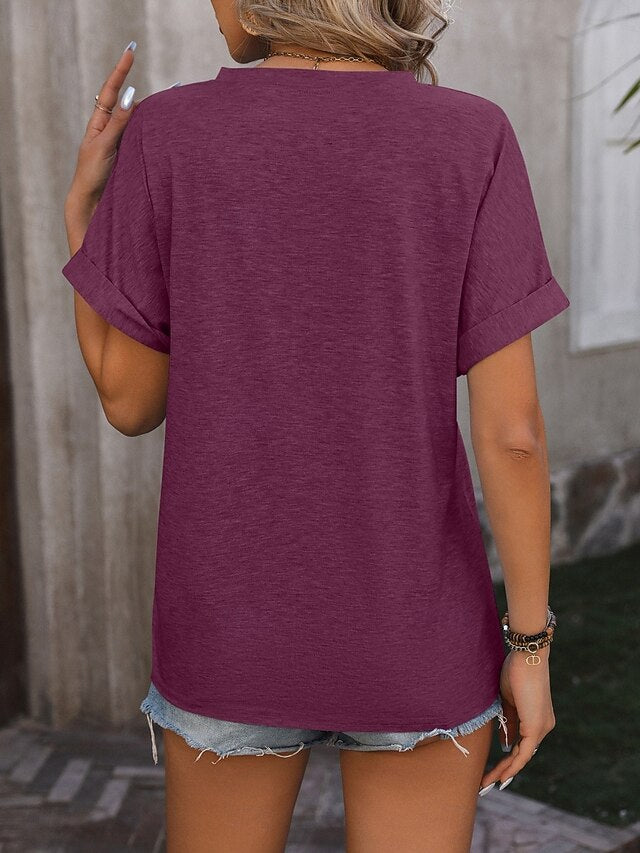 Women's T Shirt Tee Top Buttons Plain Fashion Stylish