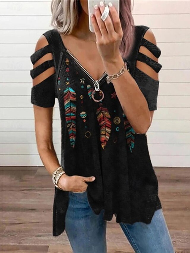 Women's Boho Shirt Blouse Patchwork Zipper Print Graphic