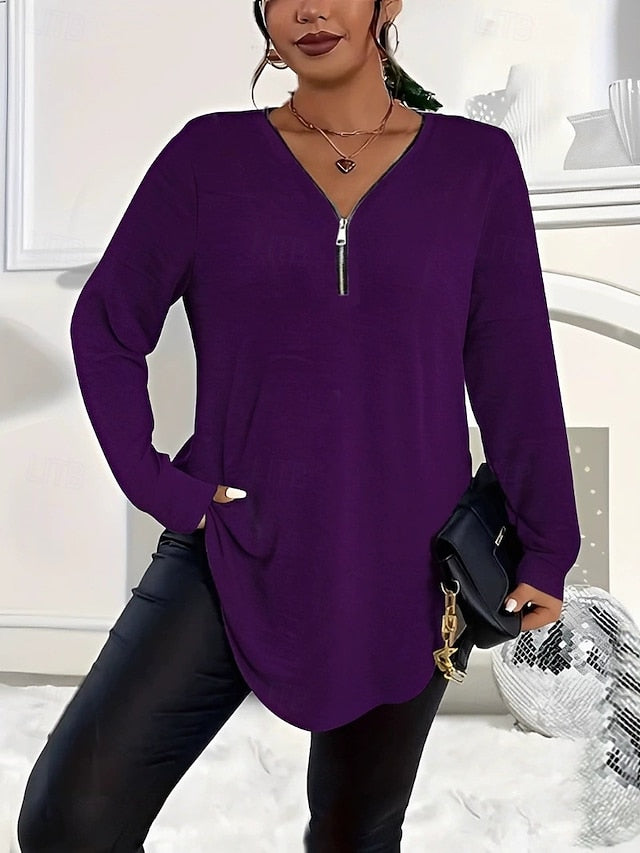 Women's T Shirt Zipper Solid Color Fashion Casual Long