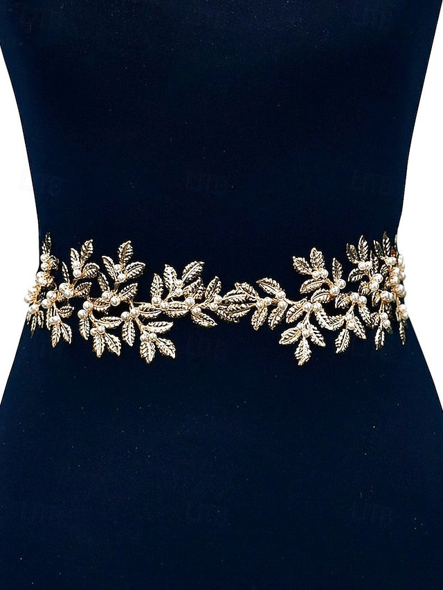 – Gold Elegant Bridal Accents Belt Pearl with Leaf