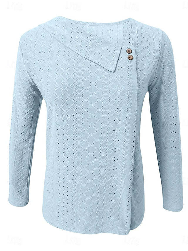 Women's Pointelle Shirt Eyelet Top Blouse Patchwork Solid